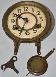 VINTAGE BRASS CLOCK WORKS W/ PENDULUM & KEY