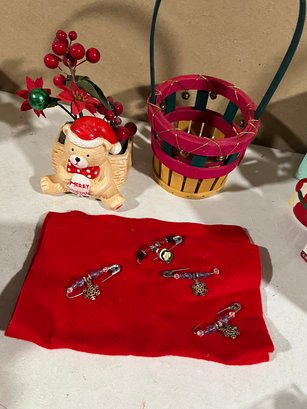 Christmas Lot - Stocking, Wreath Hanger, Bear Planter, Basket And Pins