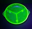 Uranium Glass 8.5 Inch 3 Section Divided Round Nut Bowl/plate With STRONG GLOW Depression Era.