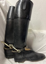 Ladies Black Tall Leather Riding Boots With Brass Spurs
