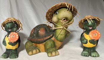 3 Resin Turtle With Straw Hats Garden Yard Ornament
