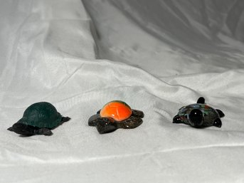 3 Pc Turtle Figurine Set, Black With Floating Colors, Colorful Black, Green & Orange And Plastic One