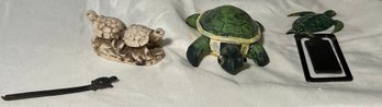 4 Pc Turtle Set, Side By Side Turtles, Bulgy Eye Turtle, Book Mark Turtle Clip And Mini Turtle