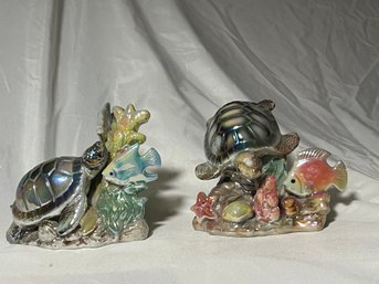 Set Of 2 Vintage Pearlescent Ceramic Sea Turtle Figurines