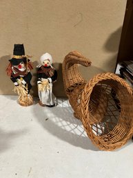 Decorative Fall Scarecrow Pilgrims And Cornucopia Wicker Basket