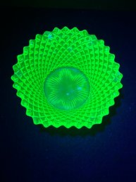 Uranium Glass  Facet Diamond Cut Candy Dish With STRONG GLOW Depression Era, No Chips Or Cracks.