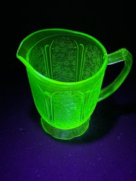 Uranium Glass  Pitcher  With STRONG GLOW Depression Era, No Chips Or Cracks.