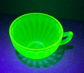 Uranium Glass Small Coffee Cup STRONG GLOW Depression Era, No Chips Or Cracks.