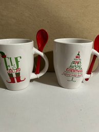 Set Of 2 Holiday Coffee / Hot Cocoa Mugs With Spoons