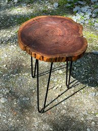 Wood Slab Tree Trunk End Table / Plant Stand With Wrought Iron Legs