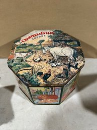 Vintage Crabtree And Evelyn 8 Sided Tin With Farm And County Scenes, Fruit And Vegetables, Made In England