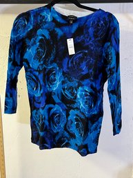 Talbots Merino Wool Blue And Black Floral Top - NWT - XS