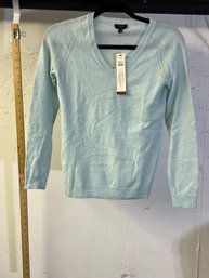 Talbots Pure Cashmere Lt Blue Top - NWT - P However Small Hole On Lower Left Side Of Shirt - Picture-lower Rt