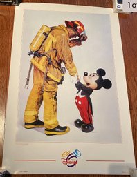 Vintage 36x24 Mickey Mouse And Firefighter Poster