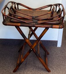 Set Of 3 Vintage Bamboo Nesting Serving Trays With Stand