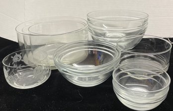 10 Clear Glass Mixing Bowls Various Sizes Bonus Small Clear Glass Bowl With Rose Pattern