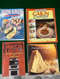 4 Pc Cookbook Set - The Crime Lovers Cookbook,  Parmigiano-Reggiano, Beyond Burgers And Cajun Cooking