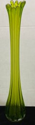 Vintage Green Glass Swung Stretch Vase MCM 14.5 Decor Ribbed 12 Finger