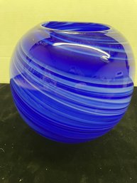 Blue And White Swirl Handblown Glass Globe Vase