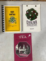 3 Pc Cookbook Set - Recipes For The Round Table,  Ensalada And A Dish Of Tea