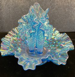 Rare Vintage 1963 Powder Blue Four Piece Fenton Glass Hobnail 3 Horn Epergne  Dish