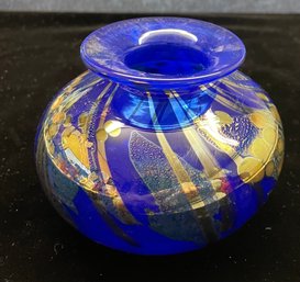 Glory Art Glass Small Blue With Gold Print Art Vase