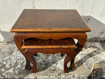 Set Of 2 Nesting Tables- Leather Distressed Flower Very Good Condition