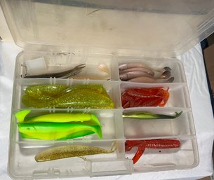 Small Fishing Utility Tackle Box Filled With Soft Worm Bait Fishing Lure Swimbait