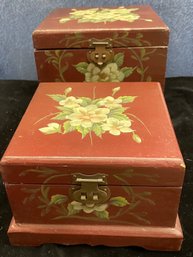 Wooden Nesting Jewelry Boxes With Painted Floral Decoration