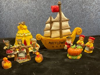 Ceramic Thanksgiving Mini-figure Set Pilgrims Mayflower Indians Teepee