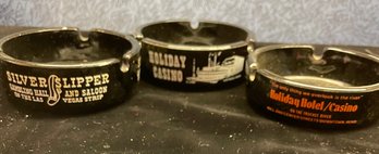 Three Black Glass Ashtrays Silver Slipper Holiday Casino Las Vegas NV