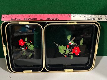 Red Orchid 3 Pc LacquerWare Nesting Tray Set Black Gold Made In Japan Vintage