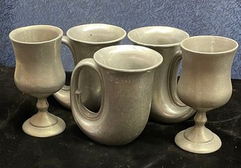 Five Pewter Drinking Vessels Two Wine Three Goblet