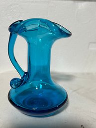 Vintage Hand Blown Aqua Blue Art Glass Pitcher W/Applied Handle