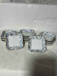 Set Of 12 Small Dishes, Butter Dishes, White, Blue Flowers And Gold Trim