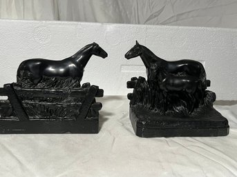 Pair Metal Bookends Metal 2 Horses With Fence And Grass Foal