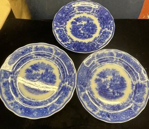 Three Burgess And Leigh Nonpareil Flow Blue Dinner Plates 10in