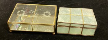 Two Small Jewelry Boxes Floral Pattern And Inner Seashell Panes