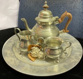 Pewter Coffee Set Pot Creamer Sugar And Tra