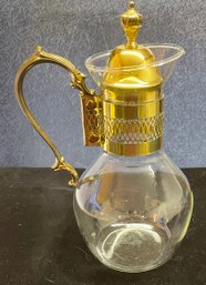 Elegant Glass And Gold Colored Metal Pitcher With Lid