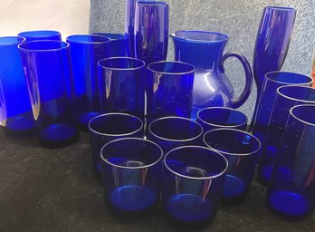 20 Pc Cobalt Blue Drinking Set With Pitcher 3 Different Size Glasses & Wine Glasses