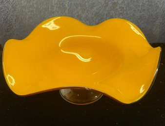 Tangerine Orange Glass Ruffled Pedestal Bowl