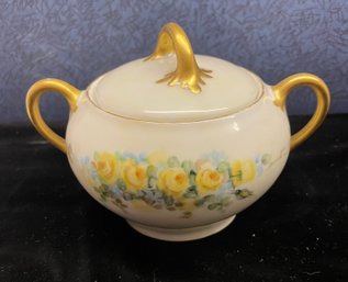 Bavaria Glass Sugar Bowl Gold Color Trim Decorated With Pastel Flowers