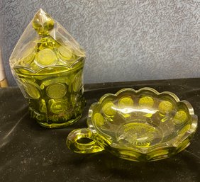 Two Fostoria Olive Green Coin Glass Candy Dishes