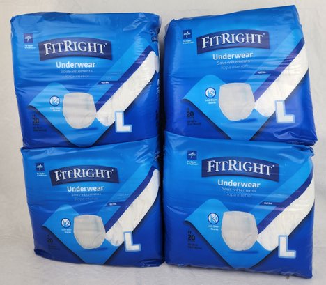 Lot Of 4 New FITRIGHT 20 Count Disposable Underwear / Adult Diaper ULTRA Size L / Large - 80 Total Count
