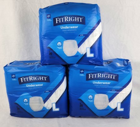 Lot Of 3 New FITRIGHT 20 Count Disposable Underwear / Adult Diaper ULTRA Size L / Large - 60 Total Count