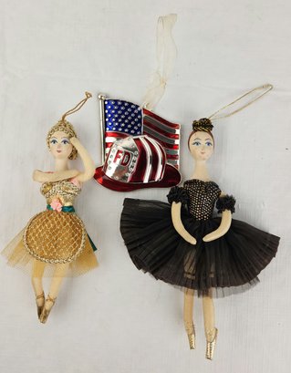 Harvey Lewis Firefighter Helmet/Flag Ornament & Pair Of Vintage Ballerina Ornaments