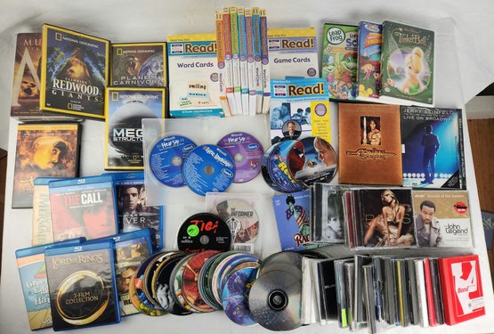 Large Media Lot (Blu-ray, DVDs, Music CDs, Children's Educational Videos, Disney)