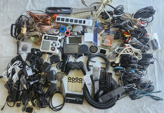 Large Lot Of Electronics, Remote Controls, Power Adapters, Speaker Wire, Power Strips & More