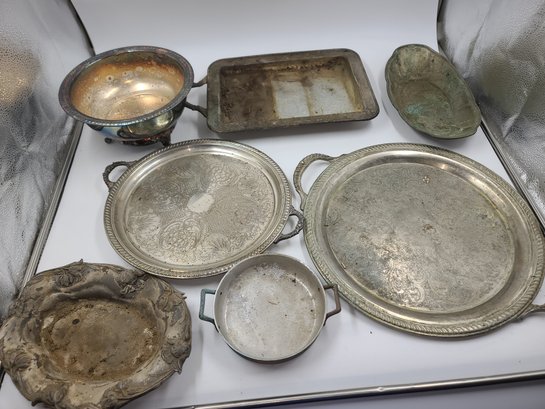 Lot Of Vintage Metal Platters - Some Marked By Silver Companies